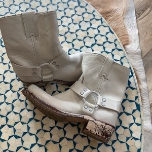 Frye White Leather Distressed Harness Boots